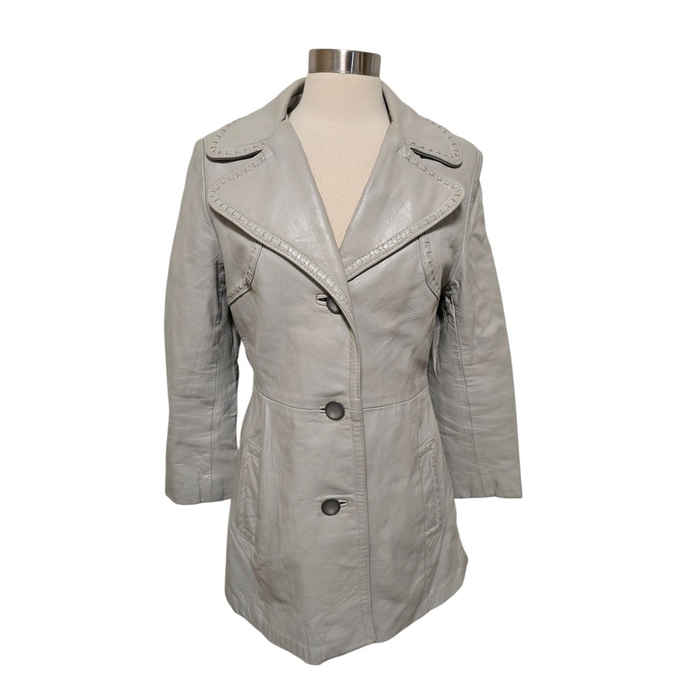 70s Vintage Womens Gray Leather Coat Button Front Jacket